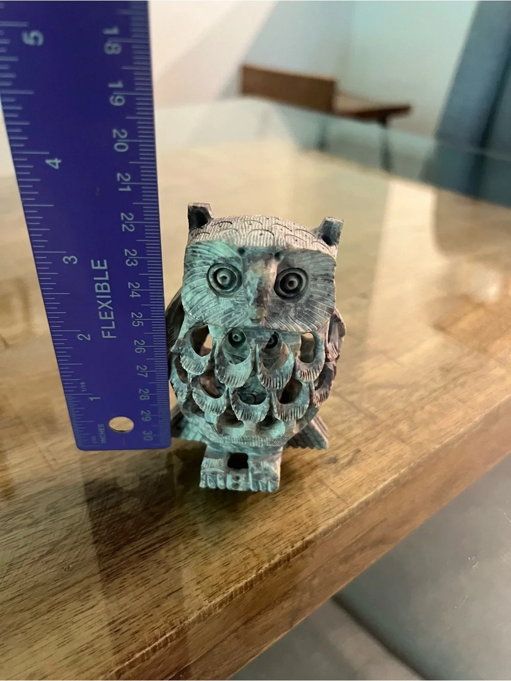 hand-carved Indian soapstone owl sculpture intricate filigree mom & baby